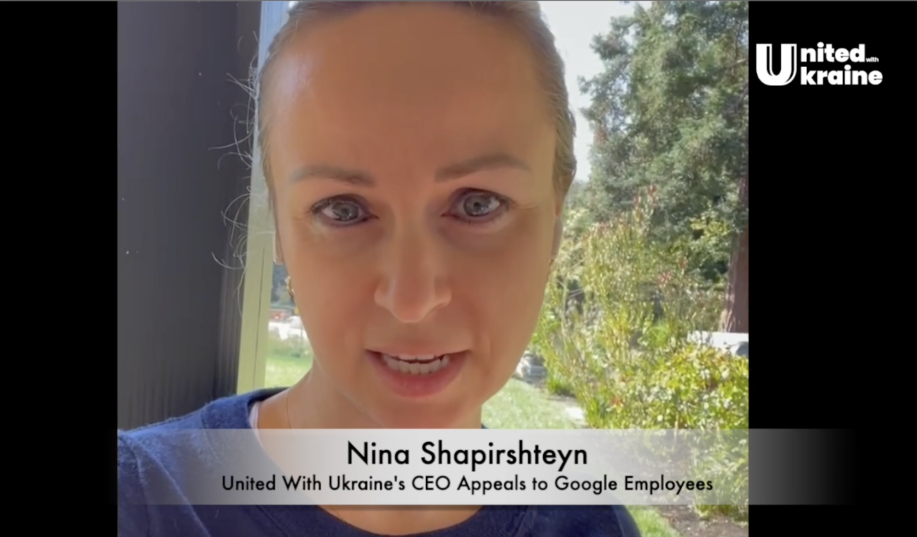 Our CEO Nina Shapirshteyn appeals to Google employees to help collect funds for Ukraine. Watch the video appeal and read the letter from our CEO United With Ukraine