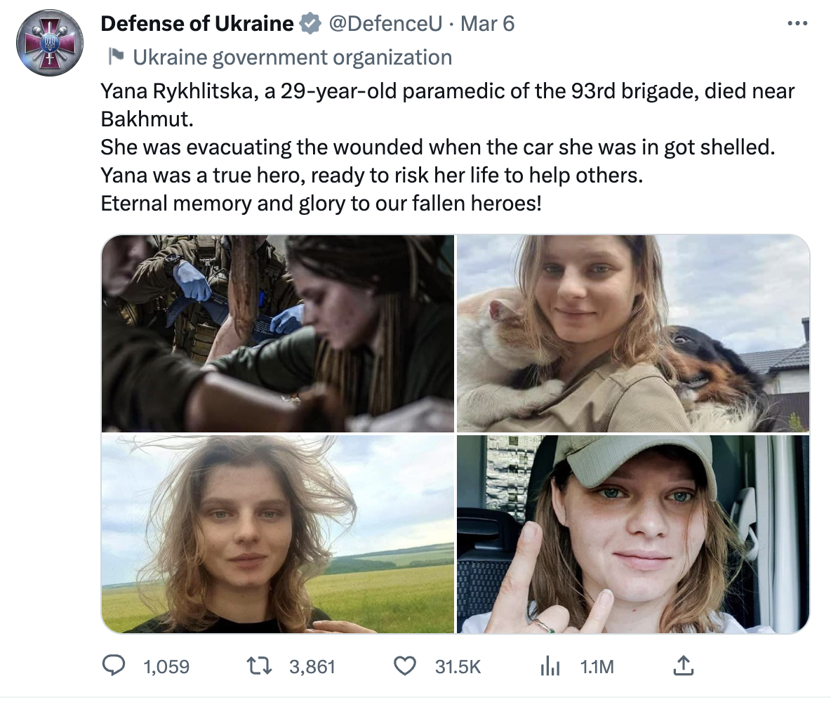United With Ukraine sources life-saving medical, tactical, and humanitarian supplies and operates through a network of local organizations Yana profile Yana Rykhlitska The Angel of Fighters Killed by Russian Mortars near Bakhmut Ministry of Defense