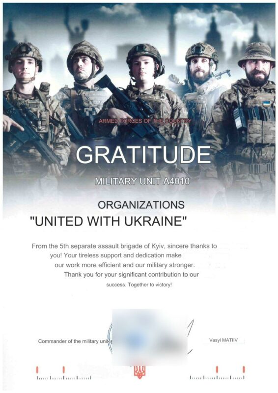 A letter of gratitude from the combat medics of the 5th Separate Assault Brigade thanking United With Ukraine